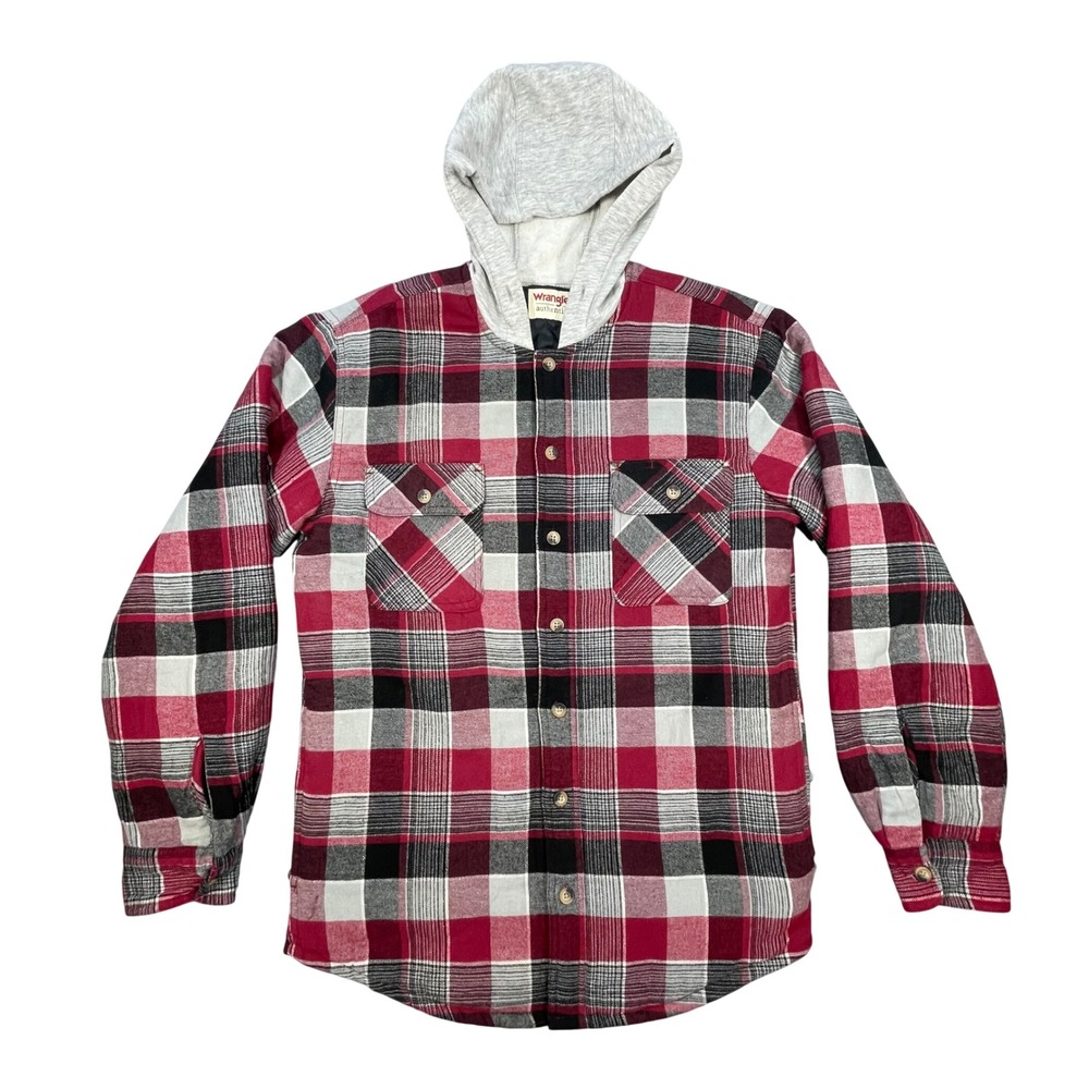 Wrangler Red Plaid Quilted Lined Hooded Flannel Shirt Jacket Mens Small